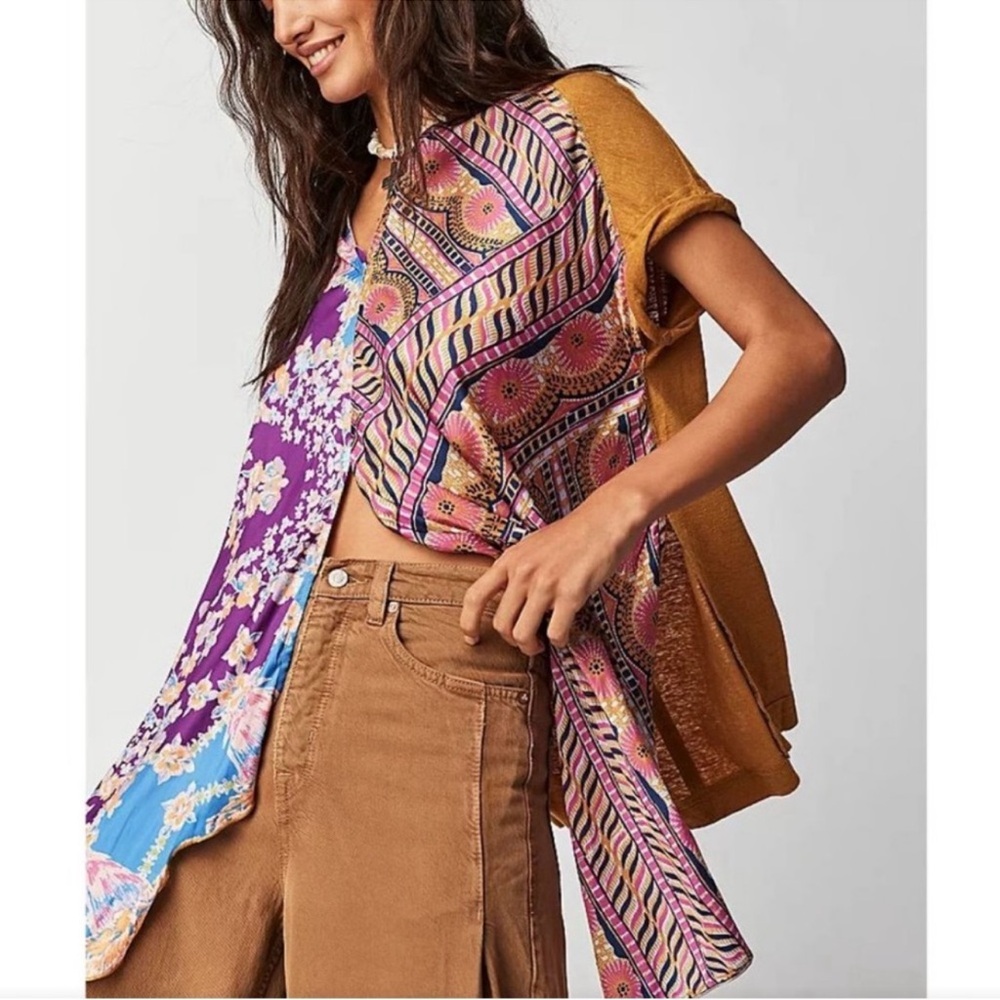 Free People Your Scarf Linen Blend Tunic Top Brown Medium